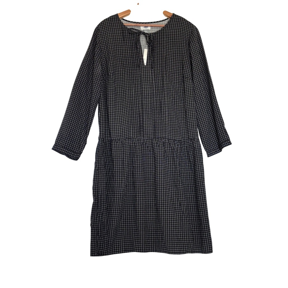 NWT Old Navy Womens L Tall Black White Grid Pintuck Drop Waist Rayon Shift Dress